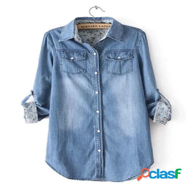 Casual manga comprida Turn-down Collar Denim Shirt