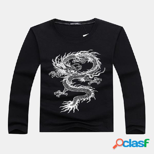 Chinês Dragão Impressão O-Neck Moda T-shirt de manga