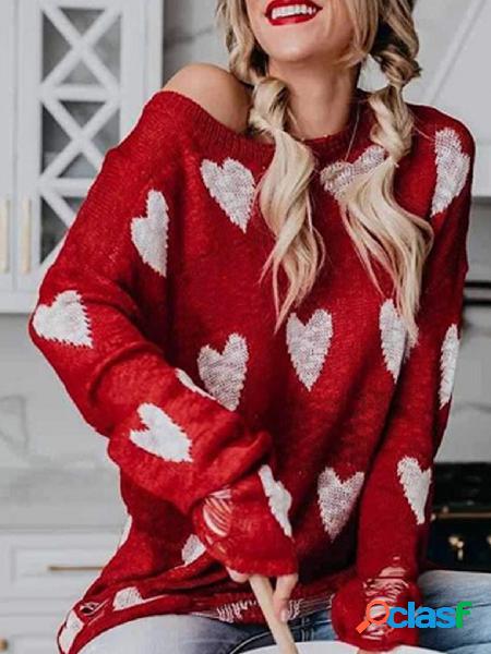 Christmas Red Ripped Heart Print One Shoulder Sweater