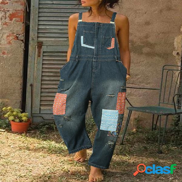 Cintas de retalhos de impressão Ripped Denim Jumpsuit For