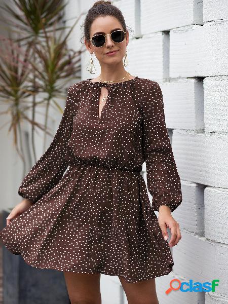 Coffee Polka Dot Round Neck Latern Sleeves Ruched Dress