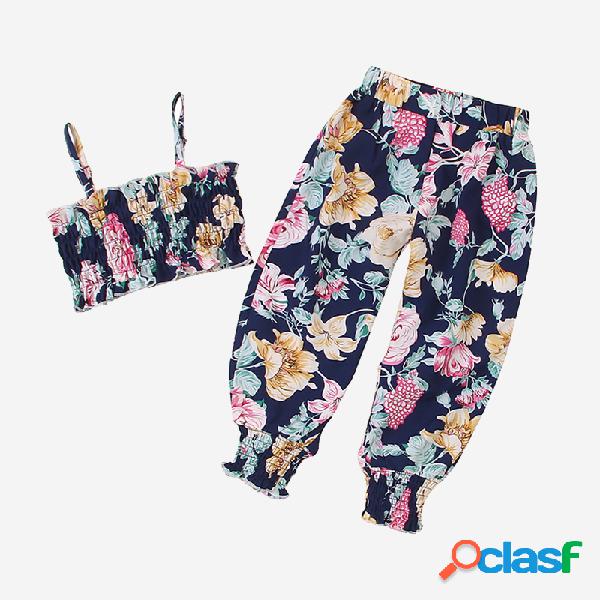 Conjunto casual sem mangas com estampa floral fofa da menina