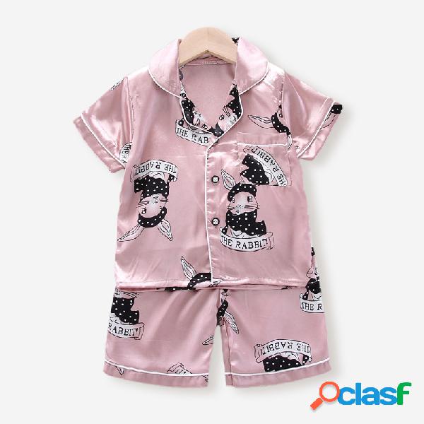 Conjunto de pijama de botão de mangas curtas para meninas e
