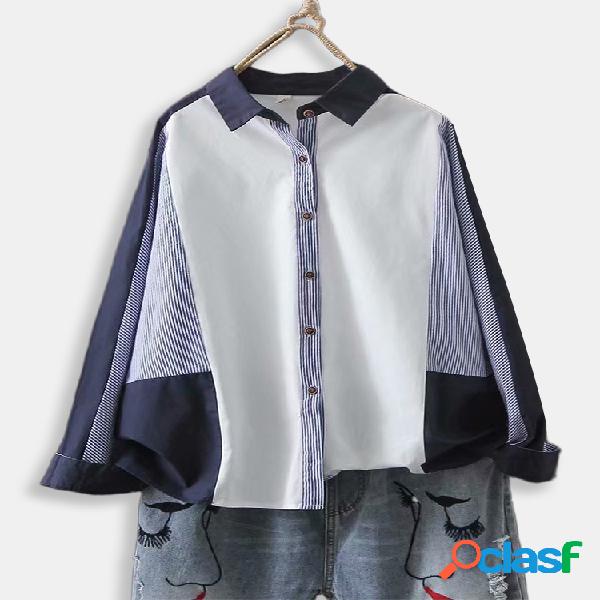 Contraste Stripe Color Patchwork manga comprida Camisa Para