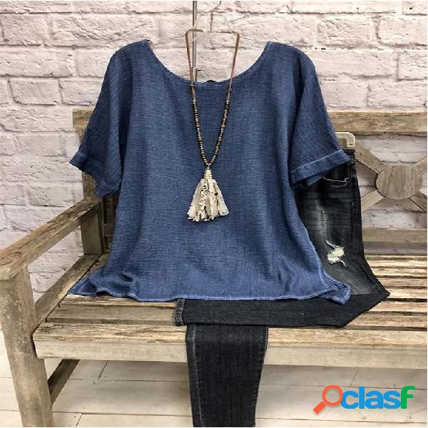 Cor sólida O-Neck Loose Casual T-shirt Para Mulheres