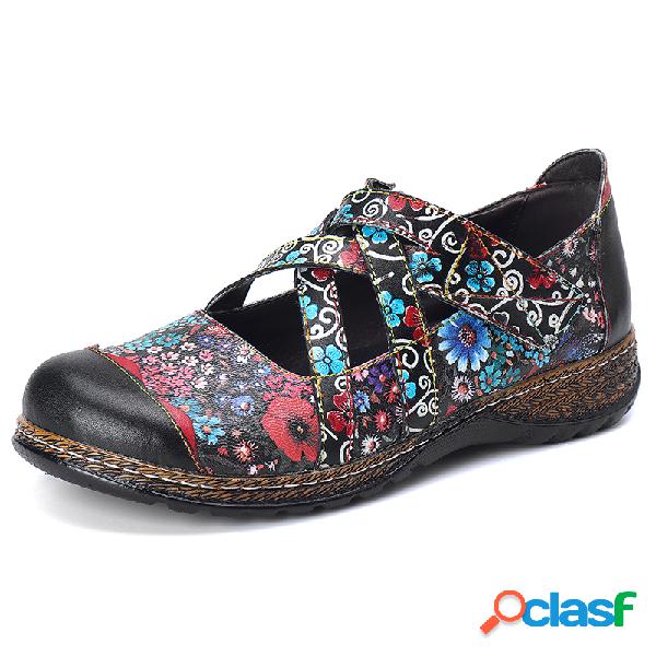 Couro artesanal floral sapatos de apartamentos com tiras de