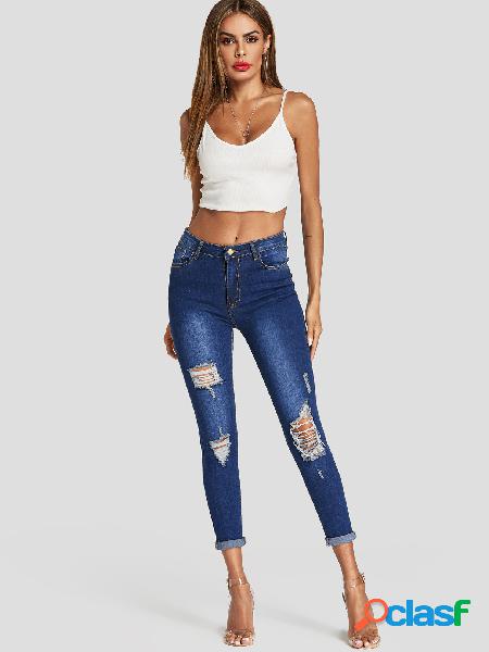 Dark Blue Middle-waist Skinny Shredded Ripped Jeans