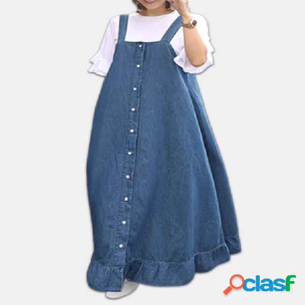 Denim Ruffle Straps Button Sem mangas Plus Tamanho Maxi