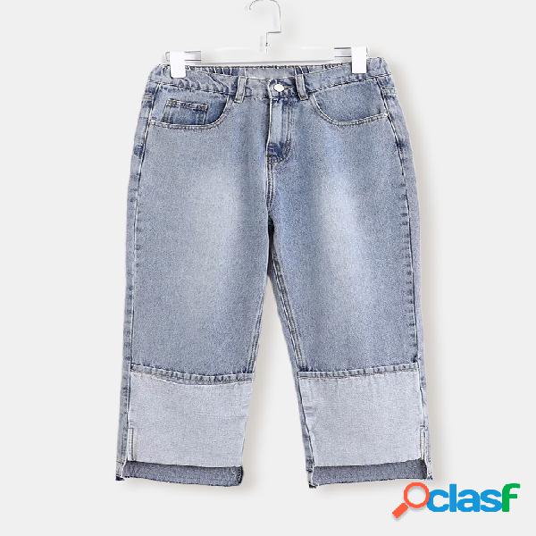 Denim reto do zíper elástico da cintura da cor sólida com