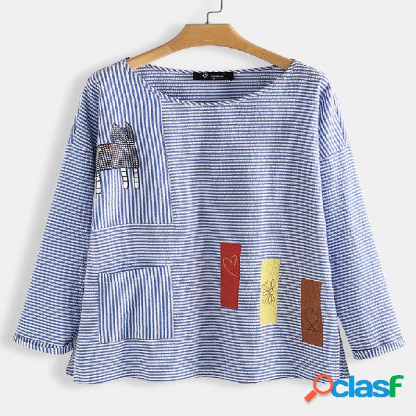 Desenhos animados listrados Patchwork Crewneck Plus blusa de