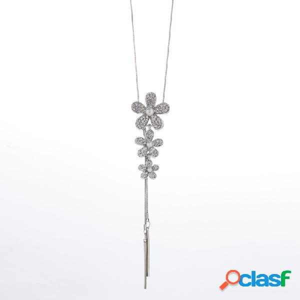 Elegante Deslumbrante Diamante Flor Pérola Colares Três