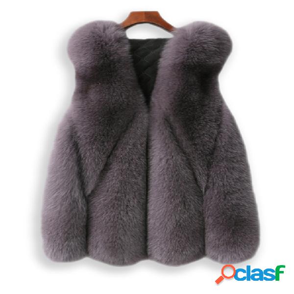 Elegante Faux Fur Pure Color mangas Mulheres Vest Brasão