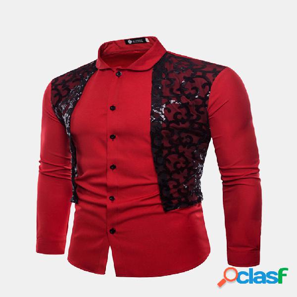 Elegante Lace Solid Color manga comprida camisas para homens