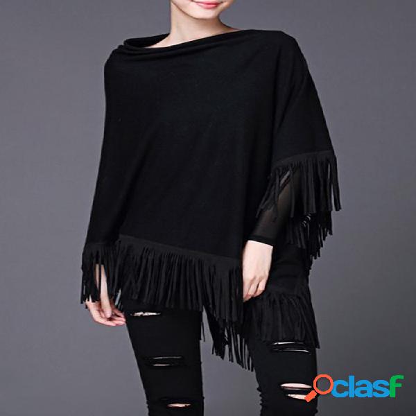 Elegante Tassel Irregular Hem Sweater Camisas Para Mulheres