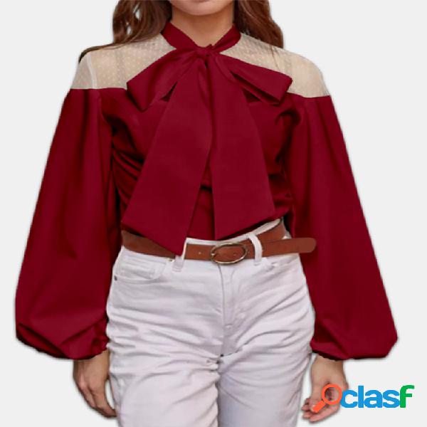 Elegante nó laço lanterna manga Plus blusa de tamanho