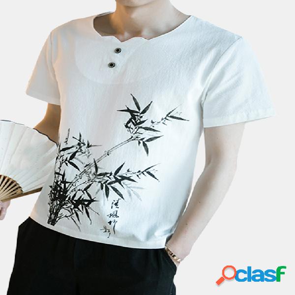Estilo chinês Breeze-Bamboo Printing T-shirt de algodão