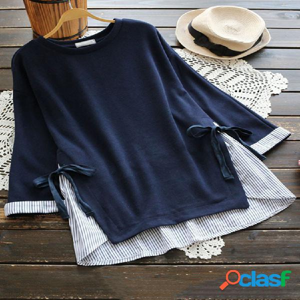 Falso duas peças listra patchwork bandagem casuais blusas