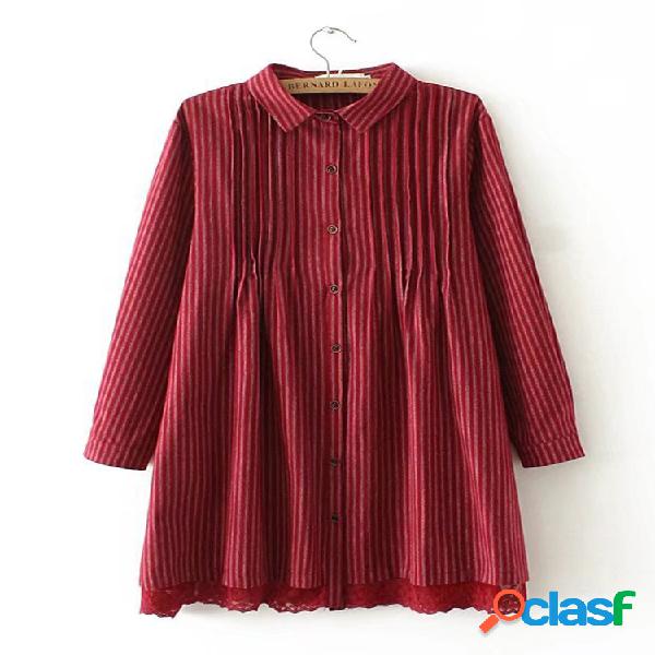 Fashion Stripe Ruffle Camisa de lapela de manga comprida