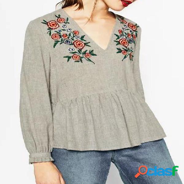 Flor Bordado Com Decote Em V Blusa Vintage Feminina Camisa