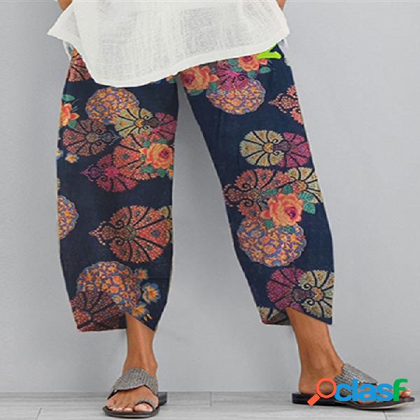 Flor Imprimir Casual Pant Mulheres Elastic Waist Pant