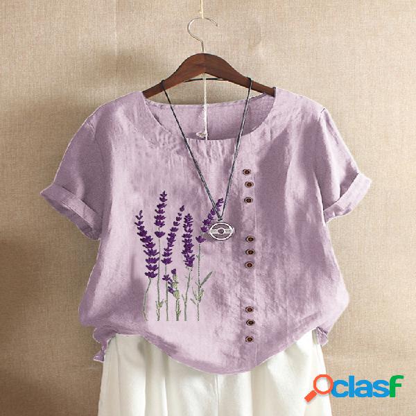 Flor de lavanda bordado t-shirt de manga curta para mulheres