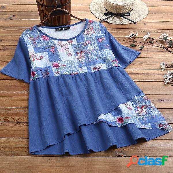 Floral Print Patchwork Irregular Plus Tamanho Vintage Blusa