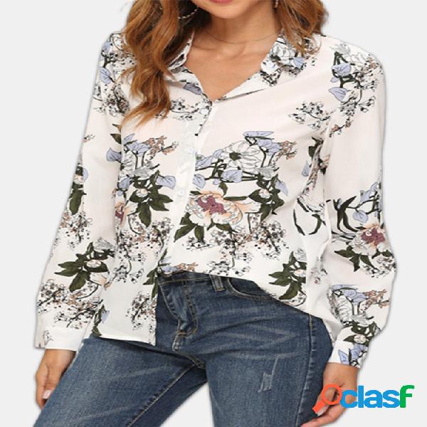 Floral manga comprida Casual Camisa para mulheres