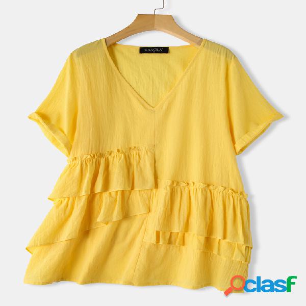 Flouncing Solid Color V-neck Blusa de manga curta para