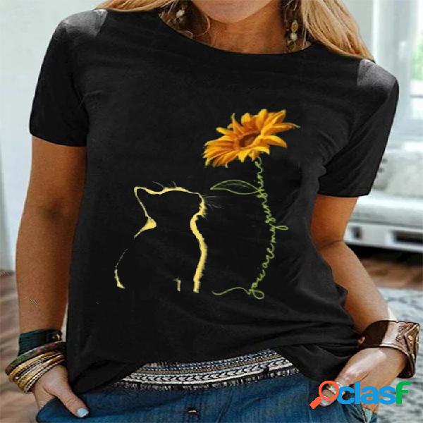 Gato e girassol impresso manga curta t-shirt casual