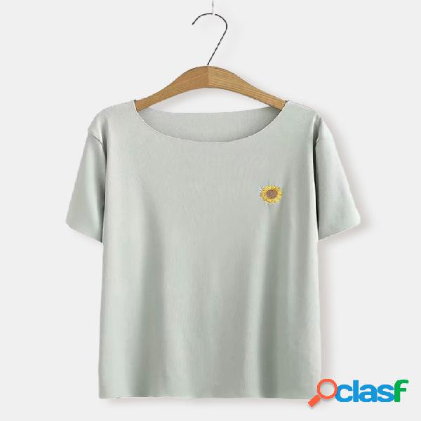 Girassóis bordados manga curta Plus tamanho camiseta