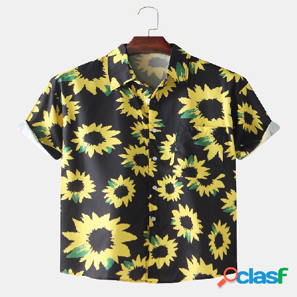 Girassol impresso básico casual solta manga curta Camisa