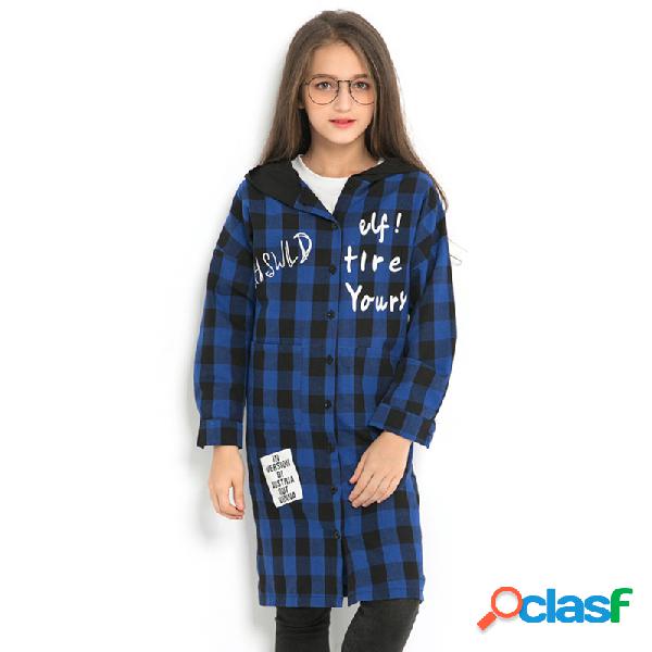 Girl's Plaid Letter Print Hooded Long Sleeves Casual Coat