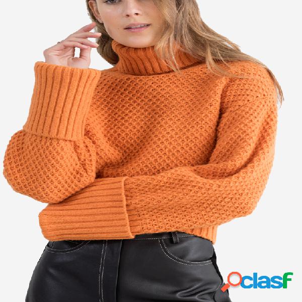 Gola alta Cor sólida Manga comprida Casual Sweater