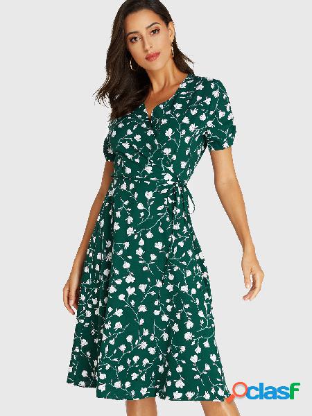 Green Floral Print Wrap Design V-neck Dress