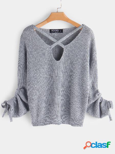 Grey Lace-up Design Criss-cross V-neck Long Sleeves Sweater