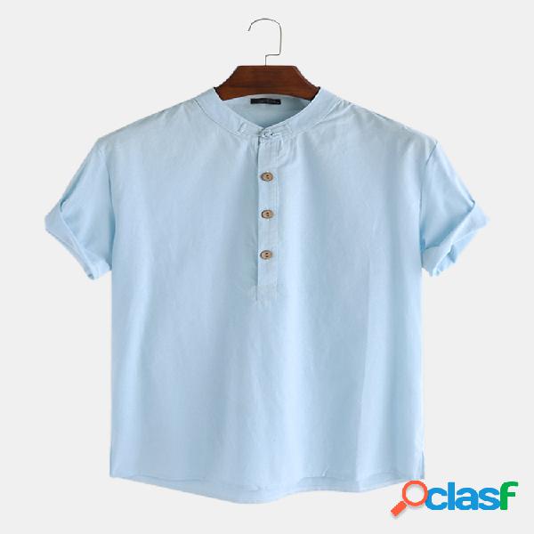 Homens Algodão Linho Retro Sólido Casual Henley Camisa