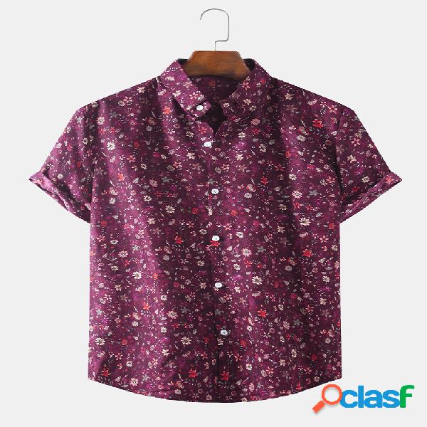 Homens Algodão Retro Cor Pequena Floral Lapela Casual Solta