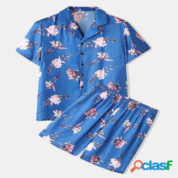 Homens Blue Floral Print Faux Silk Pijamas Two Pieces