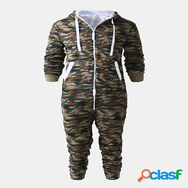 Homens Camo Grosso Com Capuz Faixa Onesies Loungewear Zipper