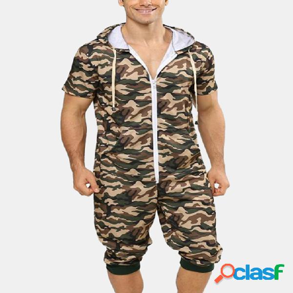 Homens Camo Onesies Manga curta com capuz Zip Down Jumpsuit