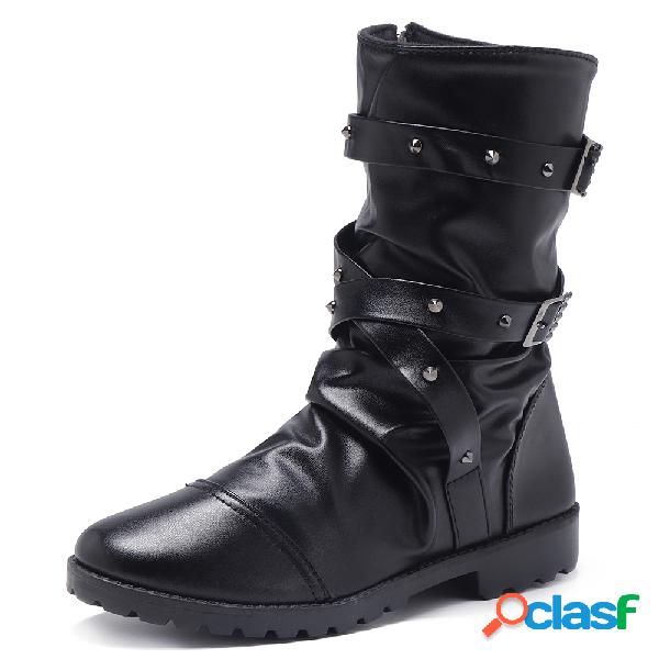 Homens Cap Toe alta Zipper Top fivela de metal botas casuais