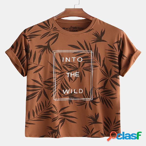 Homens Cotton Floral Print Basic Rodada Neck Casual T-shirt