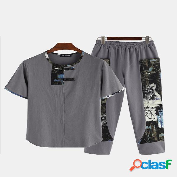 Homens Cotton Oriental Landscape Painting Print Suit Set