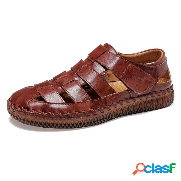Homens Fechados Toe Hand Stitching Woven Outdoor Leather
