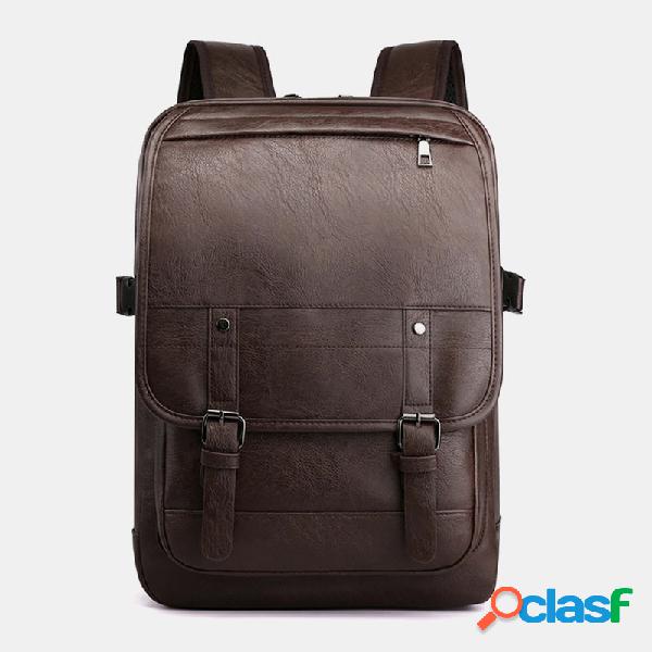 Homens Flap PU Leather Bolsa Casual Solid Backpack
