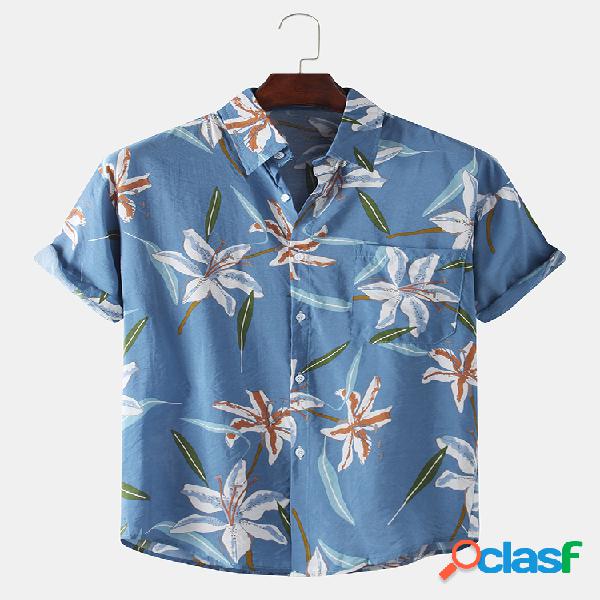 Homens Floral Impresso Casual Loose Lapel manga curta Camisa