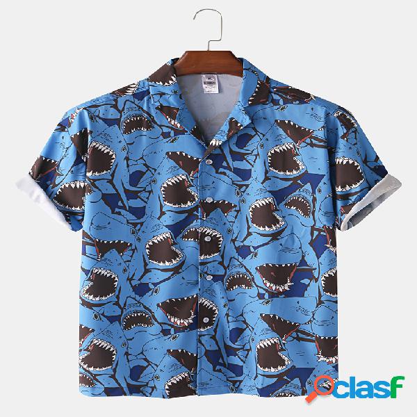 Homens Marine Collection Shark Print Casual Manga curta