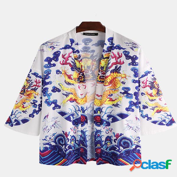 Homens Oriental Dragão Royal Print Cardigan de manga com