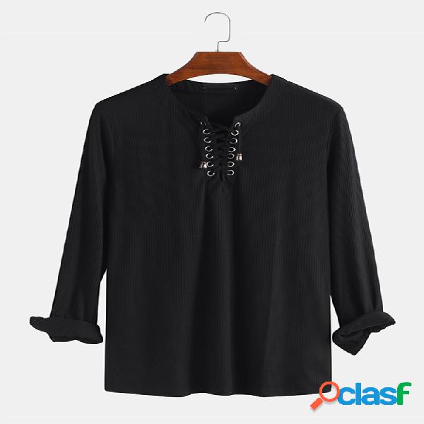 Homens Plain Lace up manga comprida Baggy Henley Camisa