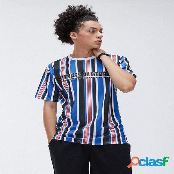 Homens Plain respirável Aptidão Multicolor Stripe O-neck